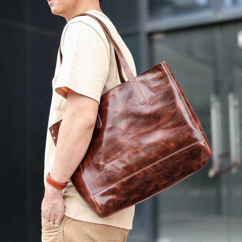 Vintage Brown Leather Men Womens Tote 15 inches Amber Brown Tote