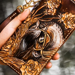 Handmade Leather Tooled Horse Mens Chain Biker Wallet Cool Leather Wallet Long Phone Wallets for Men