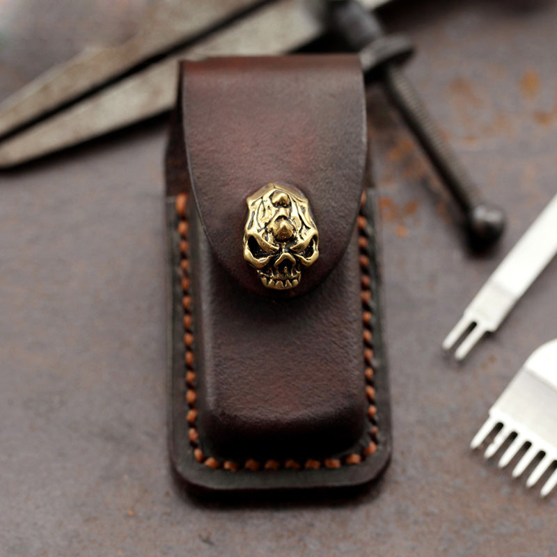 Skull Brown Leather Mens Dunhill Lighter Cases Standard Dunhill Lighter Holder For Men - iwalletsmen