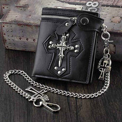 Skull Cross Black Leather Wallet With Chain – Skull Quest