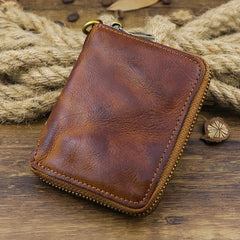 Brown Men Leather Zip Billfold Small Chain Wallet with Coin Pocket Biker Bifold Chain Wallet for Men - iwalletsmen