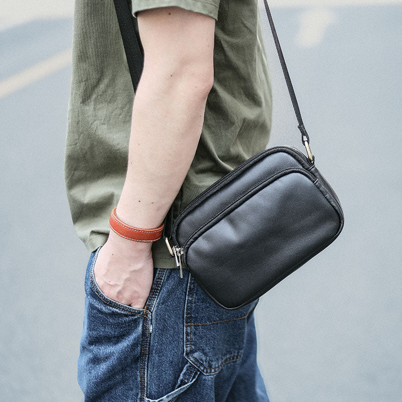 Genuine Leather Black Messenger Bag Men's Small Shoulder Top Handle  Business Mini Briefcase Man Bag