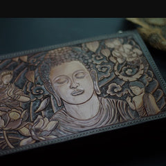 Handmade Leather Men Tooled Sakyamuni Buddha Cool Leather Wallet Long Phone Clutch Wallets for Men