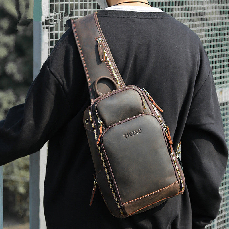 Mens Leather Sling Crossbody Pack Sling Bag Travel Pack Sling Chest Bag for Men