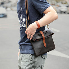 Dark Coffee  Leather Mens Casual Small Side Bags Messenger Bags Brown Postman Bag For Men - iwalletsmen