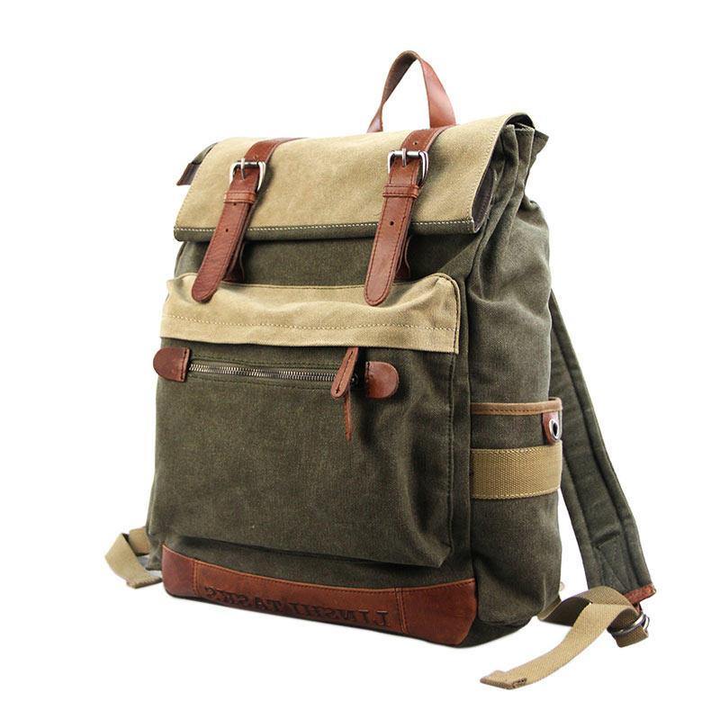 Army Green Canvas Leather Mens Large Backpack School Backpack Green Canvas Travel Backpack For Men - iwalletsmen