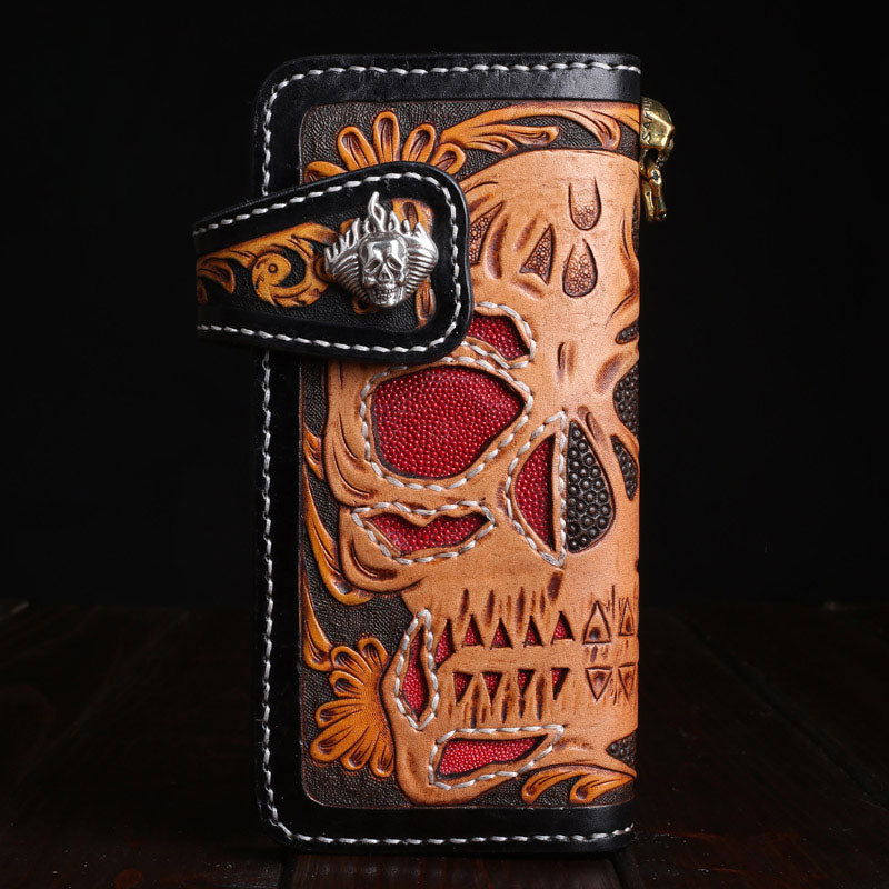 Handmade Leather Skull Mens Chain Biker Wallet Cool Leather Wallet Long Tooled Wallets for Men