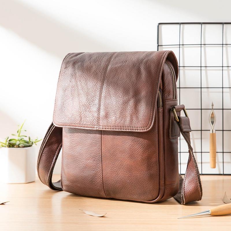 Casual Leather Mens 8 inches Vertical Side Bag Brown Messenger Bags Po iwalletsmen