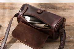 Cool Leather Mens Barrel Shoulder Bag Coffee Messenger Bags for Men - iwalletsmen