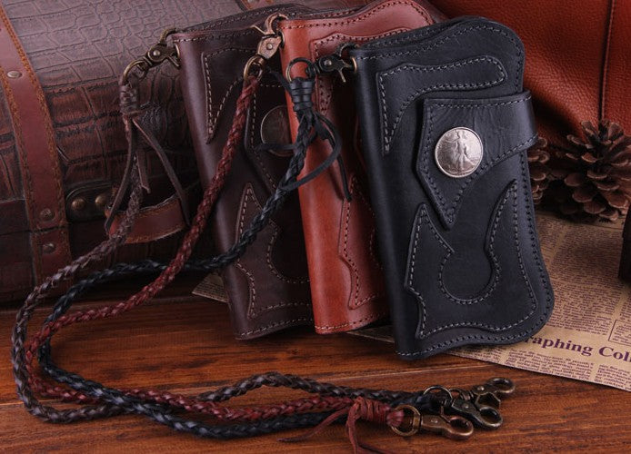 Handmade Genuine Leather Mens Cool Biker Chain Wallet Long Leather Wal ...
