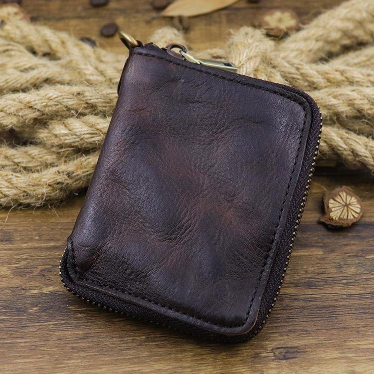 Brown Men Leather Zip Billfold Small Chain Wallet with Coin Pocket Biker Bifold Chain Wallet for Men - iwalletsmen