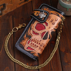 Handmade Leather Skull Mens Chain Biker Wallet Cool Leather Wallet Long Tooled Wallets for Men