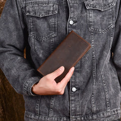 Brown Leather Men's Long Wallet Bifold Brown Slim Front Pocket Wallet –  iwalletsmen