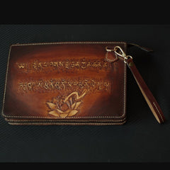 Handmade Leather Men Tooled Sakyamuni Buddha Cool Leather Wallet Long Phone Clutch Wallets for Men