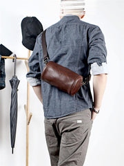 Black Leather Mens Small Casual Bucket Bag Barrel Messenger Bags Brown Postman Bag For Men - iwalletsmen