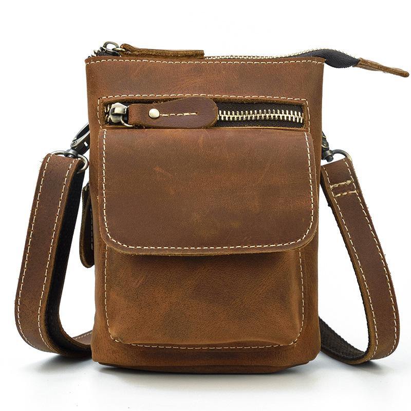 Casual Brown Leather Belt Pouch Mini Messenger Bag Men's Small