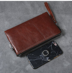 Black Leather Mens Brown Business Long Wallet Clutch Bag Wristlet Wallet For Men - iwalletsmen