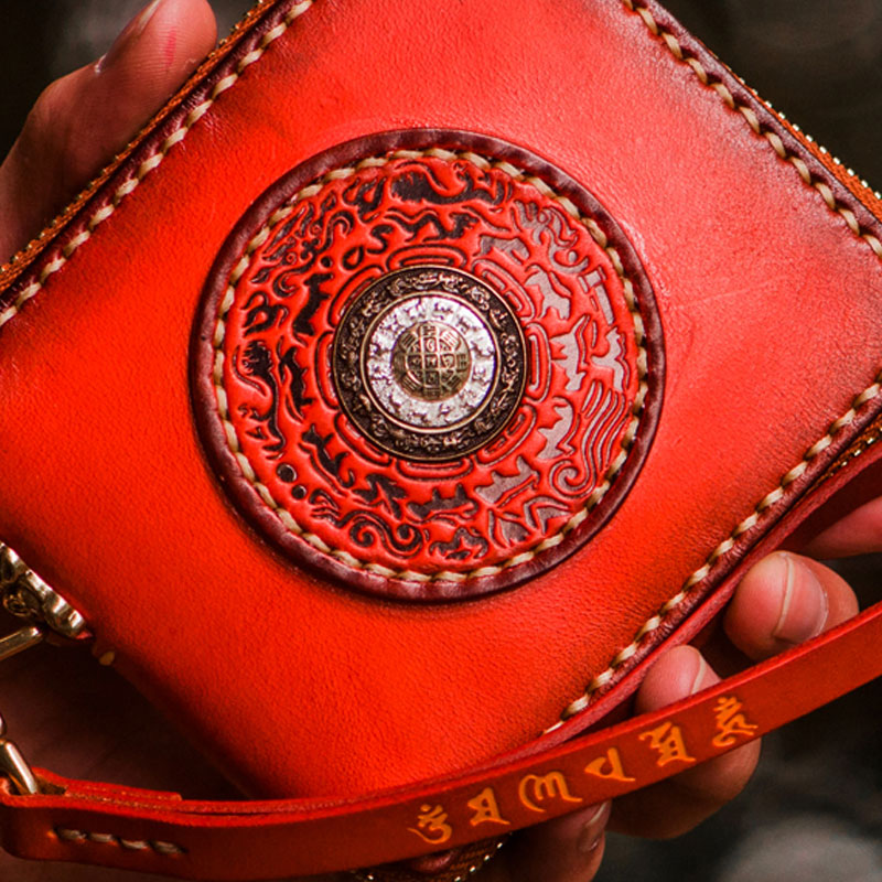 Handmade Leather Small Tibetan Tooled Mens billfold Wallets Cool Chain