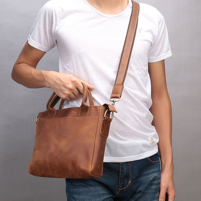 Cool Brown Leather Mens Vintage Small Briefcase Work Bag Shoulder