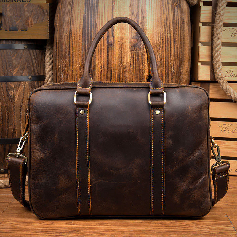 Brown Leather Mens 14 inches Briefcase Laptop Bag Navy Business