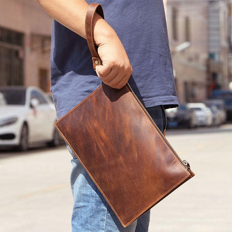 Mens Leather Slim Zip Clutch Brown Wristlet Purse Leather Clutch Bags iwalletsmen