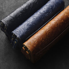 Handmade Leather Floral Tooled Mens Clutch Cool Slim Wallet Zipper Clutch Wristlet Wallet for Men