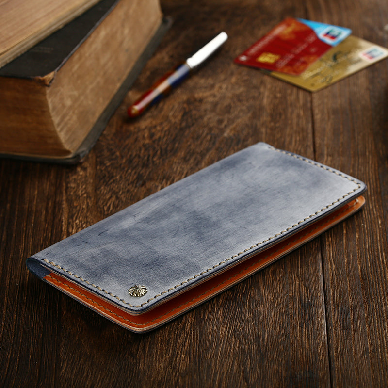 Simple Handmade Mens Brown Slim Long Wallet Blue Bifold Slim Card Wallet Clutch Wallet for Men Black
