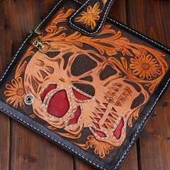 Handmade Leather Skull Mens Chain Biker Wallet Cool Leather Wallet Long Tooled Wallets for Men