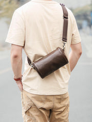 Black Leather Mens Small Casual Bucket Bag Barrel Messenger Bags Brown Postman Bag For Men - iwalletsmen