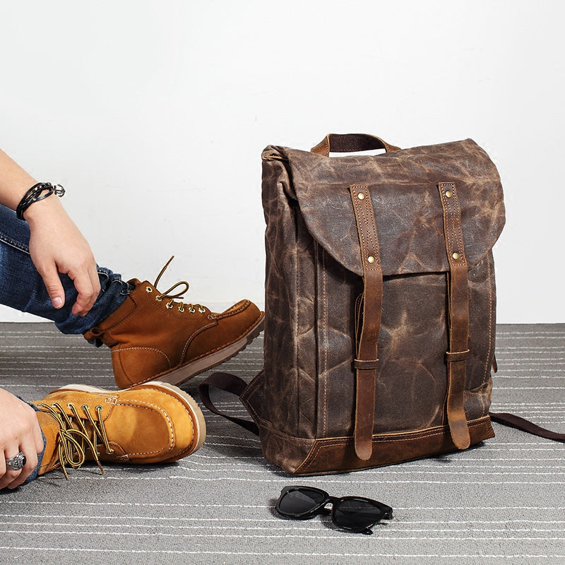 Waxed Canvas School Backpack Large Capacity Travel Backpack Men's