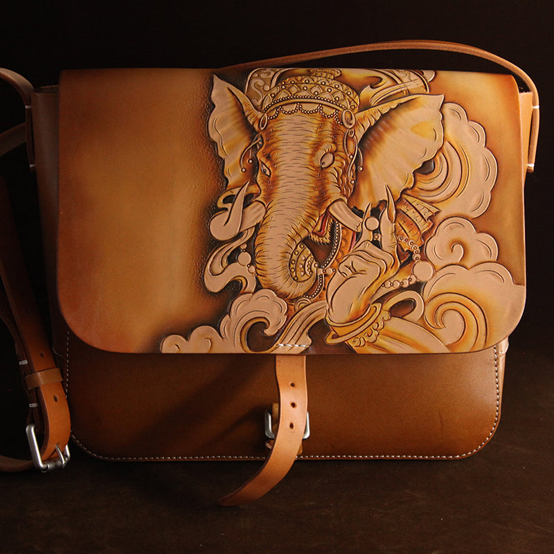 Elephant Genuine Tooled Leather Shoulder Bag Purse Handbag