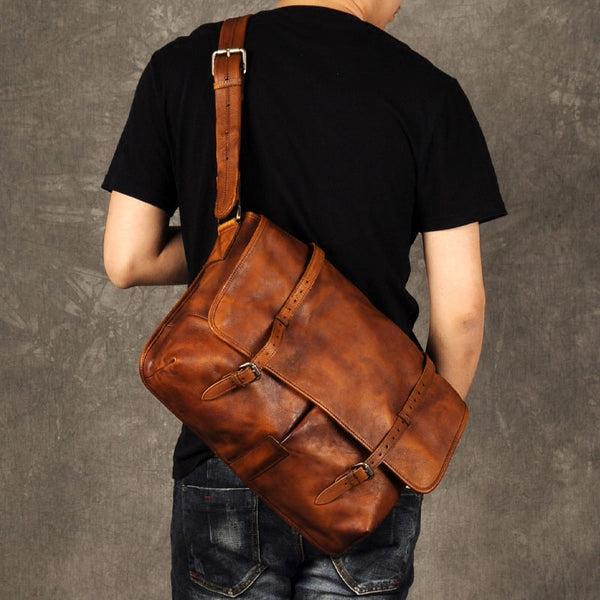 Genuine Leather Mens Cool Messenger Bag Shoulder Bag Chest Bag Bike Ba ...