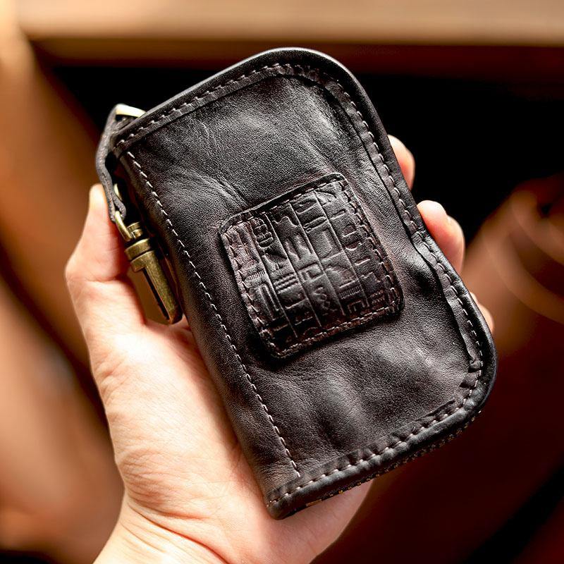 Cool Black Leather Mens Key Wallet Zipper Coin Pouch Card Front