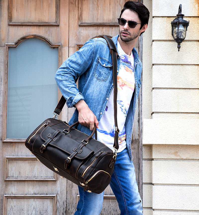 Cool Brown Leather Men's Overnight Bag Travel Bag Luggage Weekender Bag For Men - iwalletsmen