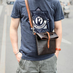 Dark Coffee  Leather Mens Casual Small Side Bags Messenger Bags Brown Postman Bag For Men - iwalletsmen