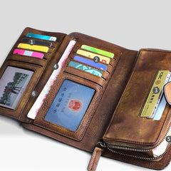 Handmade Leather Mens Cool Long Leather Wallet Trifold Clutch Wallet for Men - iwalletsmen