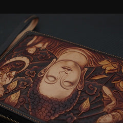 Handmade Leather Men Tooled Sakyamuni Buddha Cool Leather Wallet Long Phone Clutch Wallets for Men