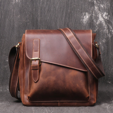 Vintage Brown Leather Men's Small Vertical Messenger Bag Side Bag Cour –  imessengerbags