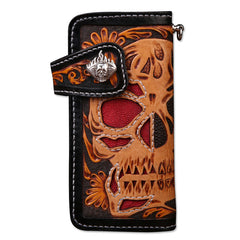 Handmade Leather Skull Mens Chain Biker Wallet Cool Leather Wallet Long Tooled Wallets for Men