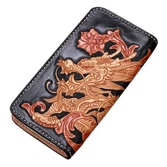 Handmade Leather Mens Clutch Wallet Cool Chinese Dragon Tooled Wallet Long Zipper Wallets for Men