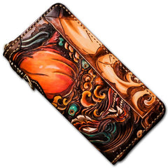 Handmade Leather Tooled Chinese Lion Mens Chain Biker Wallet Cool Leather Wallet Long Phone Wallets for Men