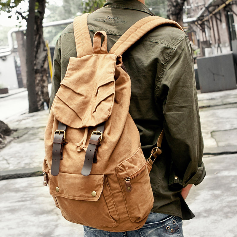 Green Canvas and Brown Leather Backpack For College