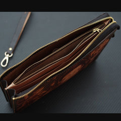 Handmade Leather Men Tooled Sakyamuni Buddha Cool Leather Wallet Long Phone Clutch Wallets for Men