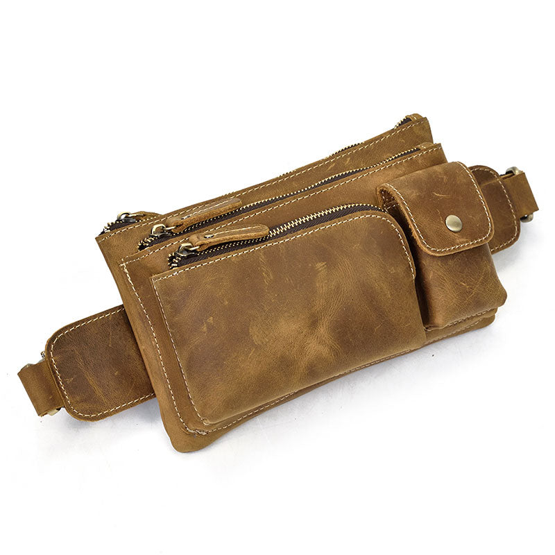 Leather Bum Bag Mens Fanny Packs Vintage Hip Bag Brown Waist Bags