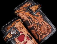 Handmade Leather Skull Mens Chain Biker Wallet Cool Leather Wallet Long Tooled Wallets for Men