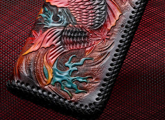 Handmade Leather Mens Clutch Wallet Cool Carp Tooled Wallet Long Zipper Wallets for Men