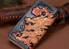 Handmade Leather Mens Clutch Wallet Cool Chinese Dragon Tooled Wallet Long Zipper Wallets for Men