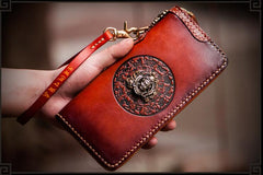 Handmade Leather Tibetan Mens Chain Biker Wallet Cool Leather Wallet Long Clutch Wallets for Men