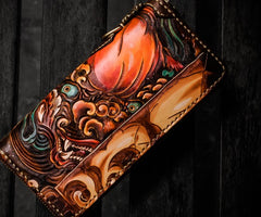 Handmade Leather Tooled Chinese Lion Mens Chain Biker Wallet Cool Leather Wallet Long Phone Wallets for Men