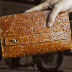 Handmade Leather Floral Tooled Mens Clutch Cool Slim Wallet Zipper Clutch Wristlet Wallet for Men